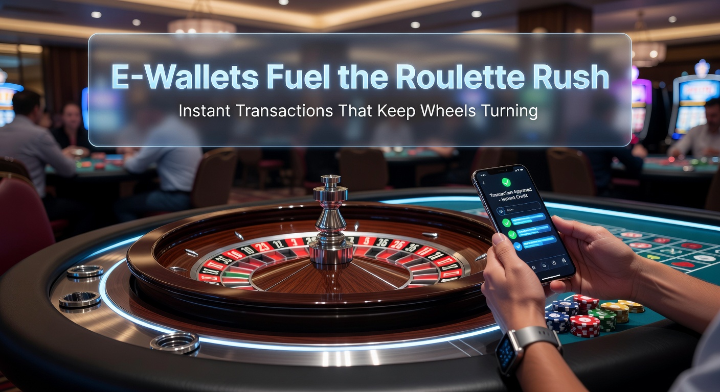 Smartphone mit E-Wallet-App, das eine erfolgreiche Roulette-Einzahlung bestätigt, mit Grafiken von drehendem Roulette-Rad im Hintergrund