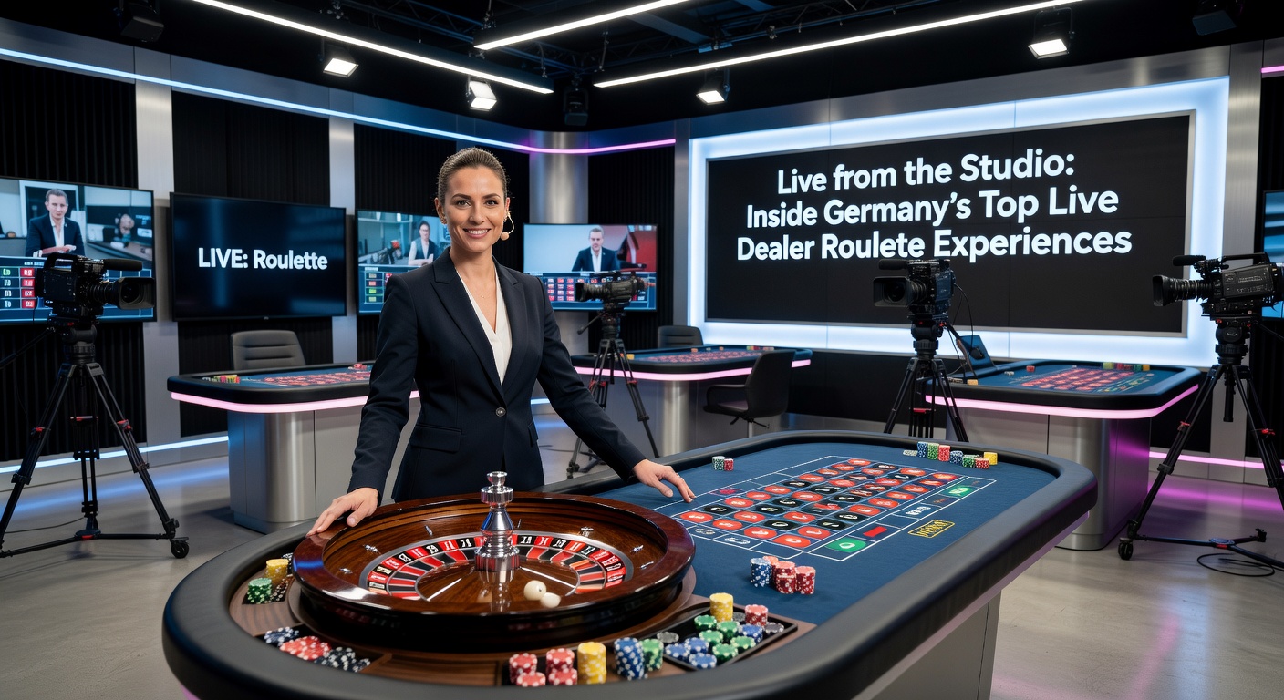Live-Dealer-Roulette-Tisch in einem modernen Studio mit Dealerin in Aktion, beleuchtet von Studio-Lichtern und umgeben von High-Tech-Kameras