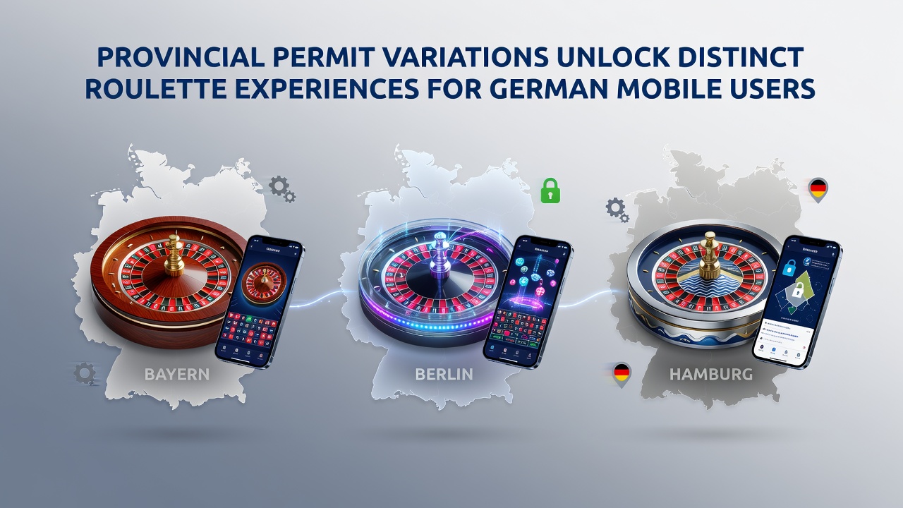 Mobile Roulette-Schnittstelle mit verschiedenen Varianten auf einem Smartphone-Display vor dem Hintergrund einer deutschen Landkarte mit markierten Bundesländern