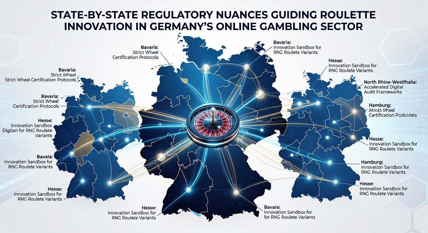 Detailansicht eines deutschen Online-Roulette-Spiels mit Fokus auf regulatorische Symbole und Bundesländer-Karten im Hintergrund